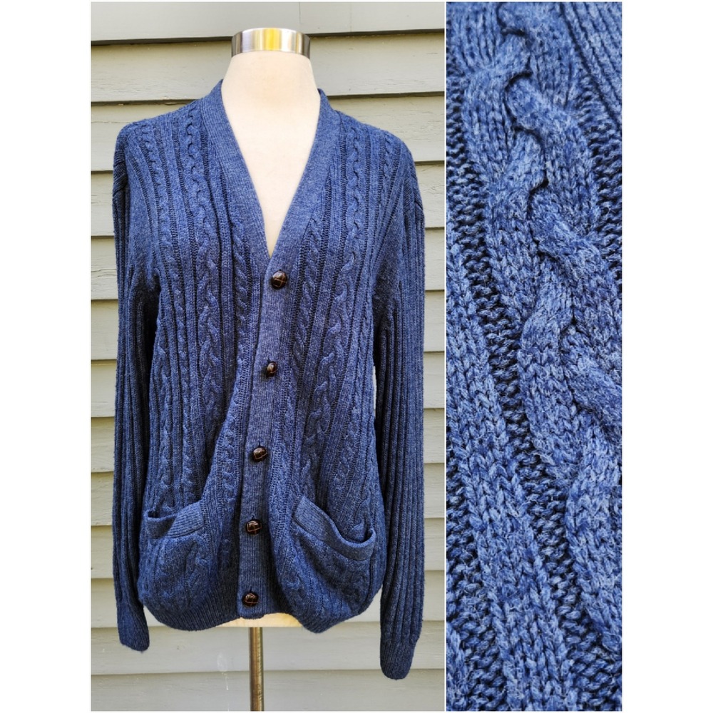 Vintage 90s Croft & Barrow Cardigan Blue Cable Knit Button Front Pockets Mens M